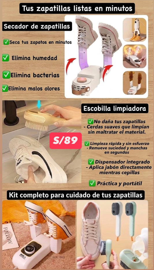 KIT COMPLETO PARA CUIDADO DE TUS ZAPATILLAS  INCLUYE SECADOR DE ZAPATILLAS Y CEPILLO LIMPIADOR DE ZAPATILLAS