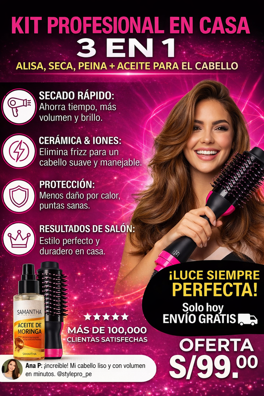 KIT CABELLO PROFESIONAL EN CASA Incluye cepillo 3 en 1 + aceite protector